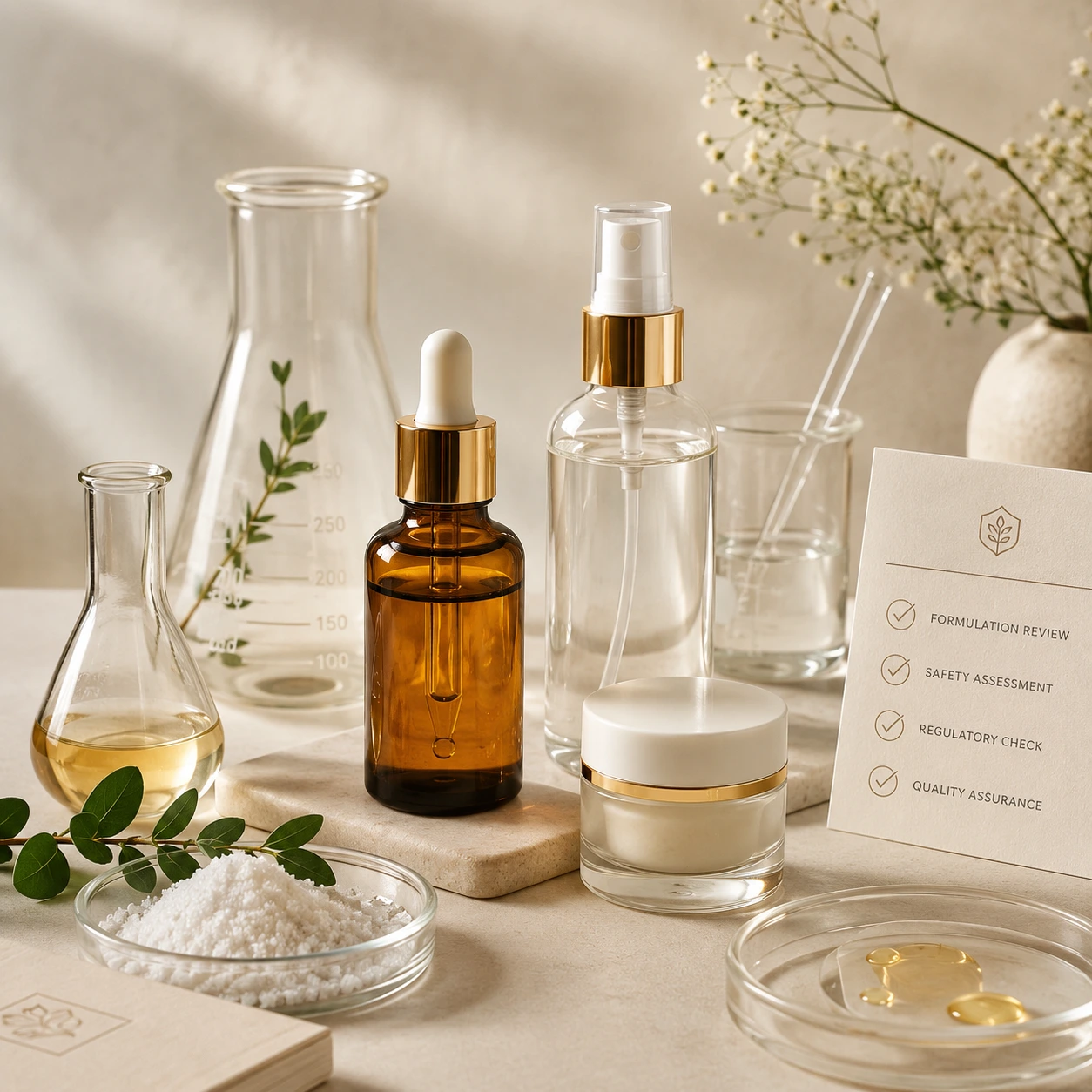 Cosmetic formulation laboratory flat lay with an amber dropper bottle, glass flasks and a regulatory review checklist