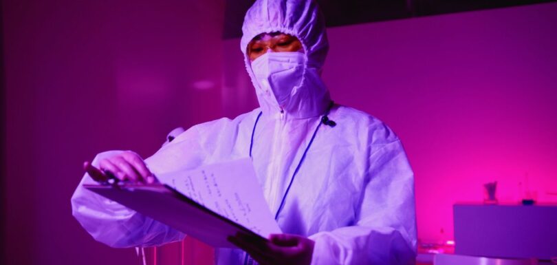 Qualified safety assessor reviewing a cosmetic product safety report at a laboratory desk