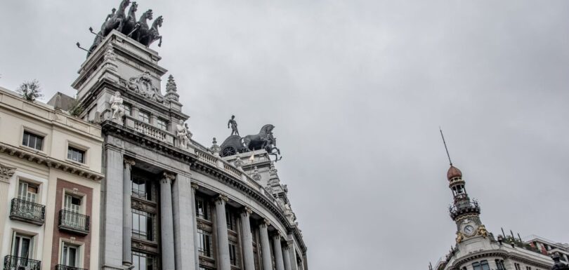 Classical architecture with sculptures on a Madrid boulevard
