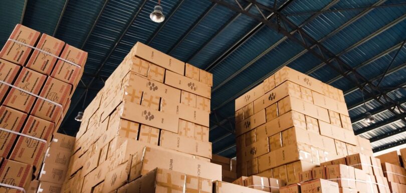 Stacked cardboard boxes in a warehouse